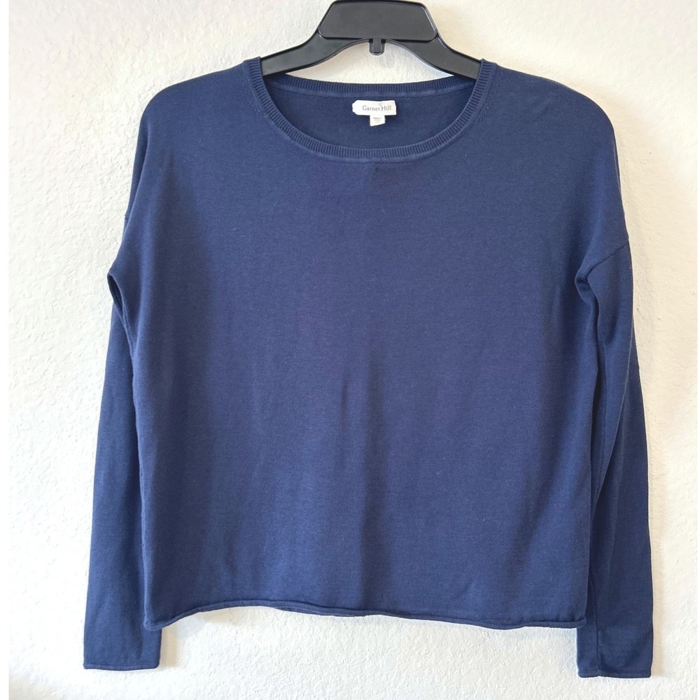 Garnet Hill Navy Blue Silk Cotton Blend Crewneck Sweater XS Drop Shoulder Rolled